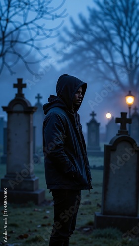 Man in dark hooded jacket standing in spooky graveyard with fog at night, serious expression. Concept of Halloween atmosphere, eerie lighting, tombstones, full moon, foggy trees.