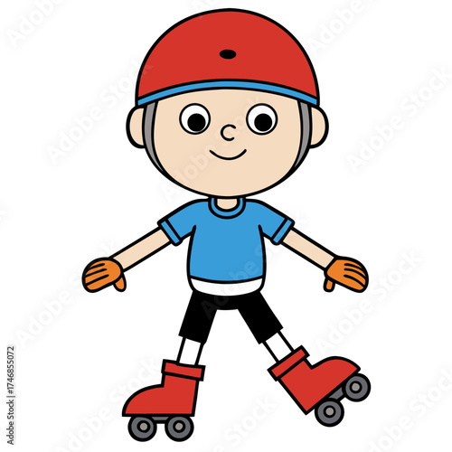 Happy cartoon boy in helmet rollerblading with open arms