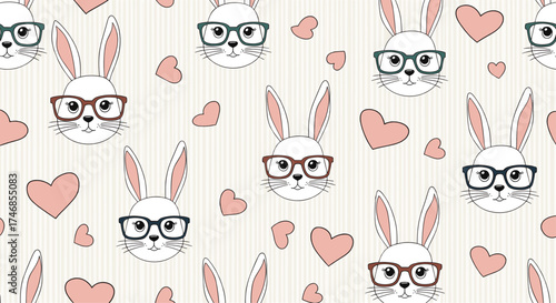 Cute bunnies wearing glasses with pink hearts scattered across a textured background.