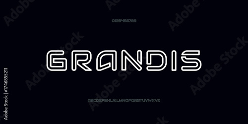 Grandis mark Technology outlines font, digital cyber alphabet made futurism style, uppercase letters Number simbol