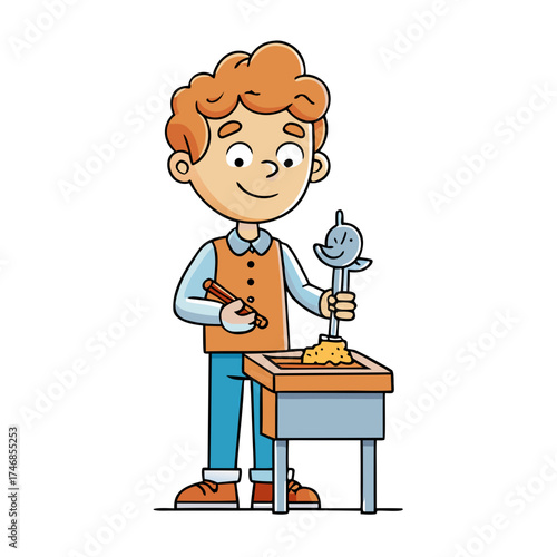 Happy student creating a sculpture at a worktable