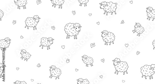 A whimsical pattern of fluffy sheep and stars on a white background.