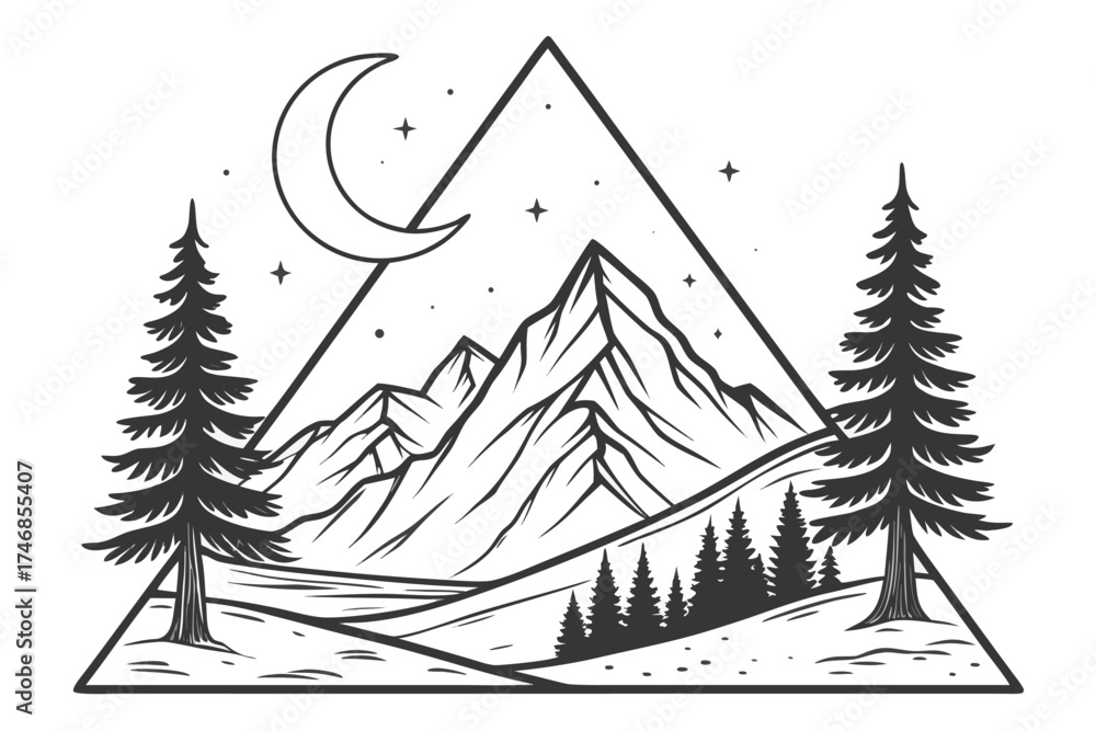 Obraz premium mountains, night sky, crescent moon, pine trees, landscape, nature, geometric, line art, minimalist, black and white