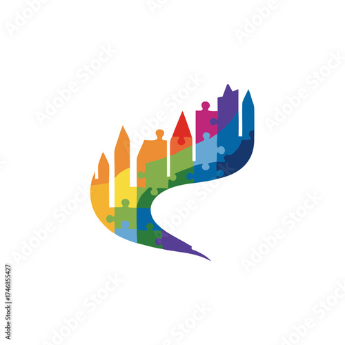 Colorful abstract vector illustration for business logo design featuring a house icon and success growth graph and arrows representing the finance market conceptColorful abstract vector illustration f