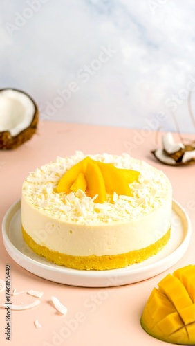 A creamy, round dessert with mango slices on top, surrounded by coconut flakes and pieces