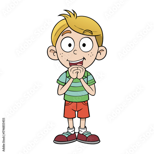Nervous cartoon boy with hands clasped in worried pose