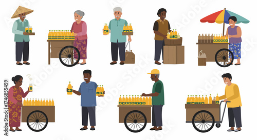 Group of diverse street vendors selling bottled yellow drinks from carts and stands