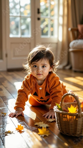 Toddler in pumpkin costume crawling on wooden floor, surrounded by autumn leaves, curious expression. Concept of warm cozy atmosphere with Halloween theme and soft lighting.