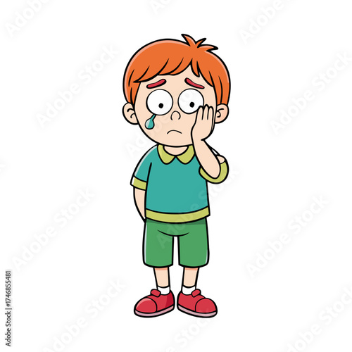 Sad boy crying with a tear running down his face