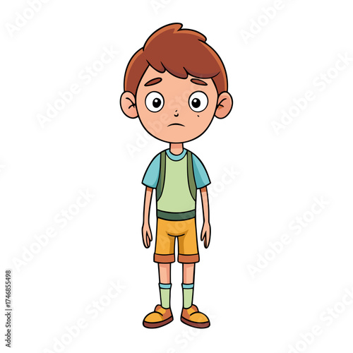 Sad cartoon boy with backpack showing disappointed emotion