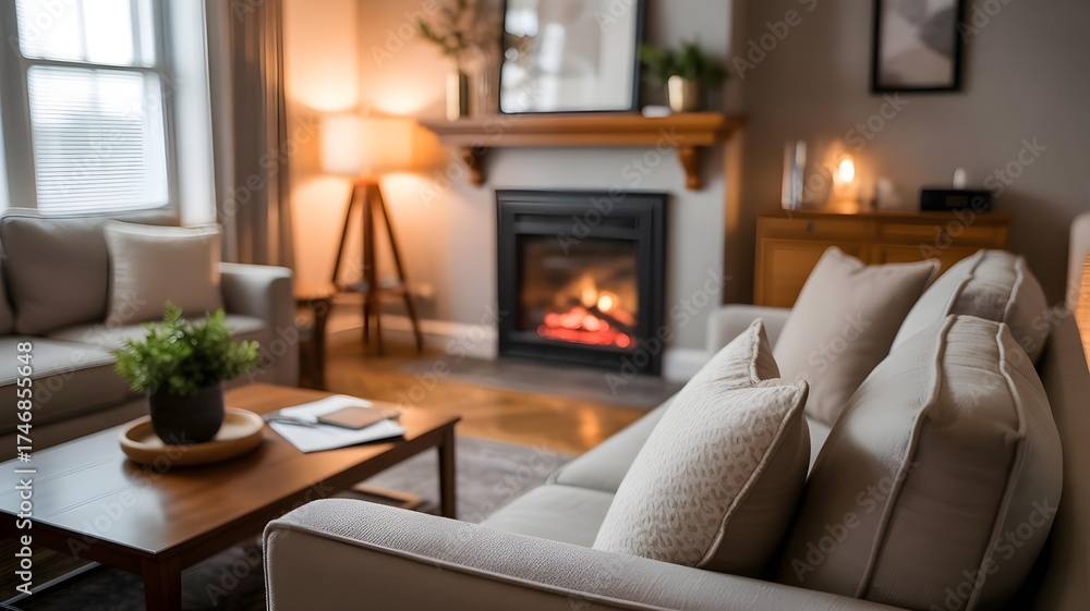 Fototapeta premium A cozy, blurred background of a living room with a fireplace and a comfortable sofa.