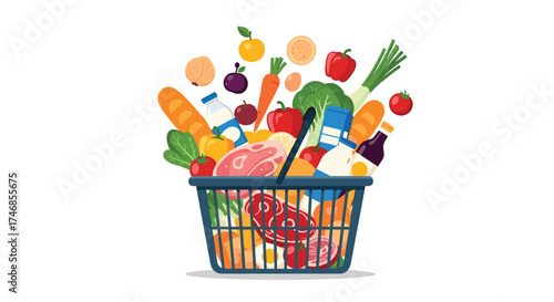 A shopping basket full of fresh produce and groceries is overflowing.