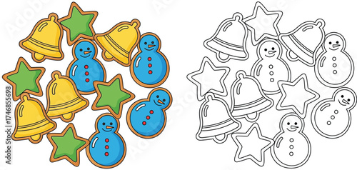 Assortment of Colorful Christmas Cookies: Bells, Stars, and Snowmen Festive Treats
