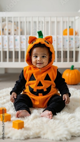 Toddler in pumpkin costume sitting on fluffy white rug, playful expression, bright natural lighting. Concept of cheerful Halloween atmosphere, perfect for festive occasions.