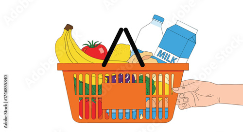A hand pushes a full grocery basket with food items.