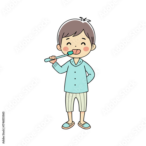 Young boy in pajamas brushing his teeth for dental care