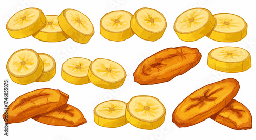 Illustration of various sliced fresh and fried banana or plantain pieces