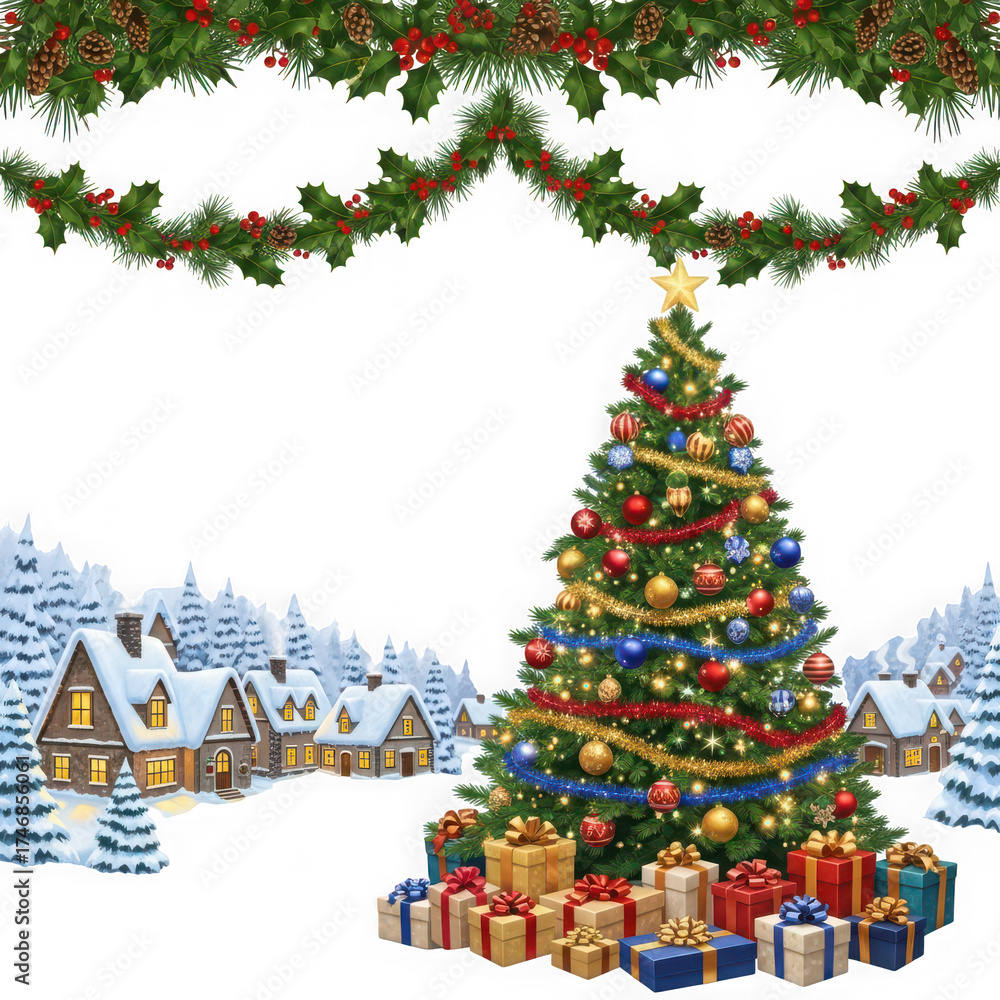 Obraz premium Festive christmas tree surrounded by snowy village and garlands