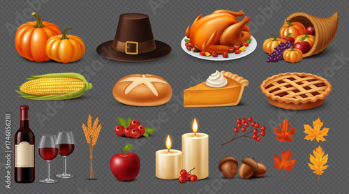 Thanksgiving Food and Seasonal Icons on Transparent Background