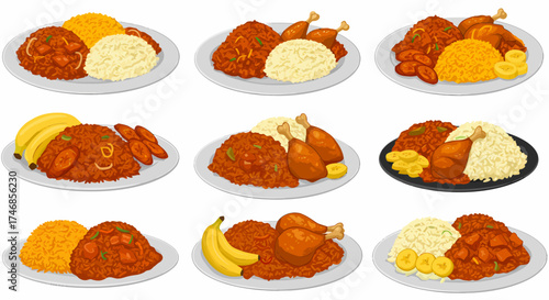 Nine plates of Jollof rice plain rice chicken and plantain variations