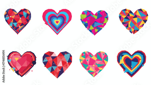 minimal flat pop art heart vector collection, colorful solid comic-style heart clip art on white background