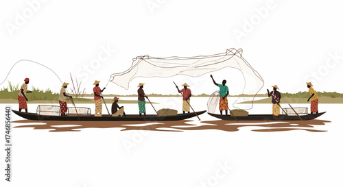 People fishing from canoes on a river with cast nets and traps