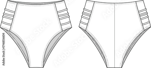 High waisted bikini bottom flat sketch, front and back view, women’s swimwear design, fashion apparel illustration, garment construction technical drawing
