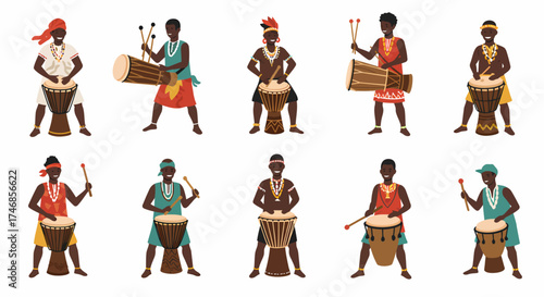 Ten cartoon depictions of Black men playing various African drums