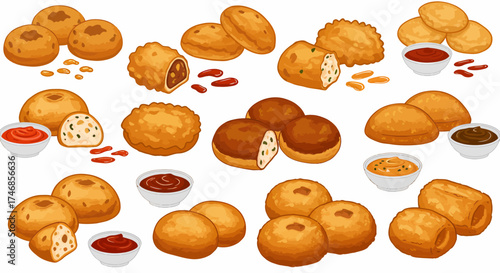Seamless pattern of various deepfried goldenbrown savory pastries with dipping sauces