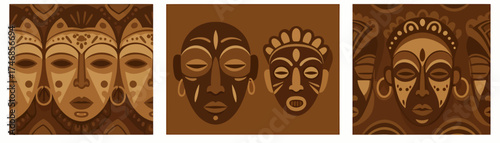 Three panels featuring stylized monochromatic brown African tribal masks in patterns