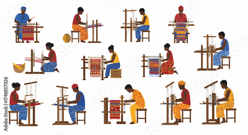 Twelve illustrations of people weaving textiles on looms in various setups