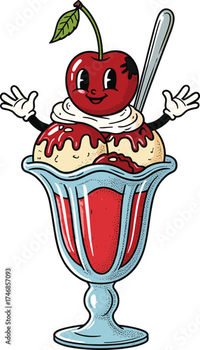 Ice cream sundae illustration, cartoon dessert, whipped cream, cherry character, sweet food, playful design, summer treat, delicious snack, vector artwork