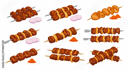 Various grilled meat skewers kebabs with spices onions and different skewer types