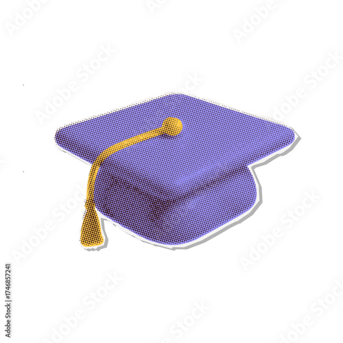 Graduation hat single icon in halftone collage style. Black and white monochrome vector illustration with color background. Paper torn out sticker