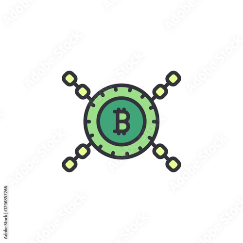 Circular Bitcoin icon surrounded by network nodes, symbolizing decentralized finance, blockchain technology, and peer-to-peer crypto transactions.