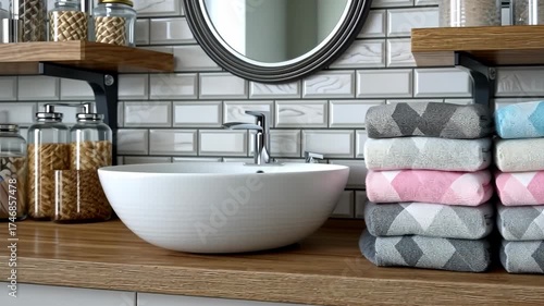 Explore a modern bathroom with elegant towels and neat organization in a bright and airy setting