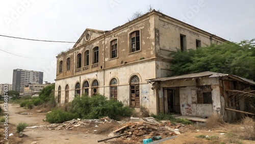 The image shows a building in what appears to be a state of disrepair or abandonment in Karachi,building, house, architecture, old, abandoned, wall, sky, stone, europe, home, city, italy, window, ruin
