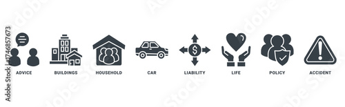 Insurance icon set vector concept with icon of advice, buildings, household, car, liability, life, policy, accident 