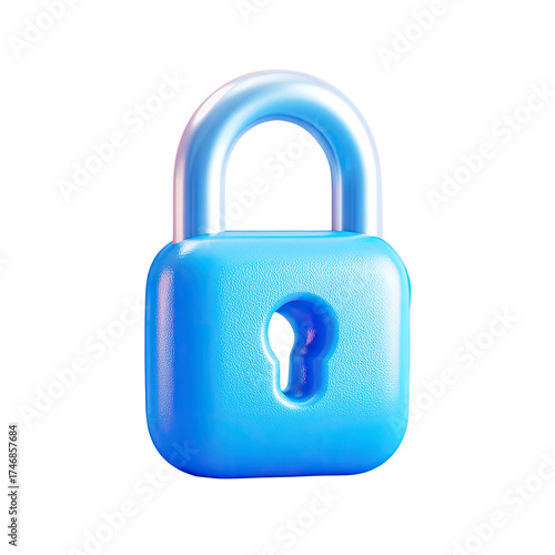A vibrant, glossy, light-blue padlock, rendered in 3D, with a keyhole.  It's a digital illustration, smooth and reflective