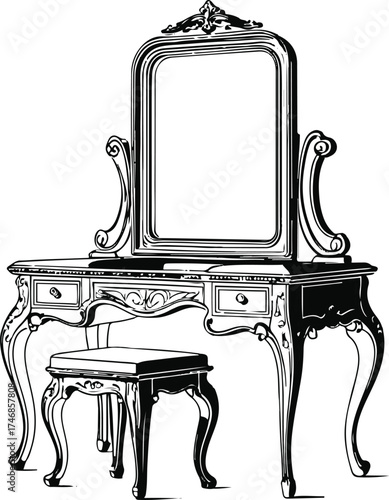 Smooth elegant line drawing of a dressing table with stool
