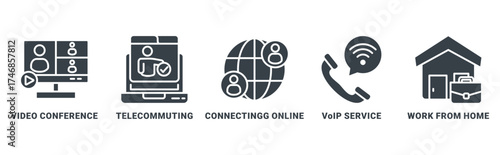 Remote Working icon set vector concept with icon of video conference, telecommuting, connecting online, voip service, work from home 