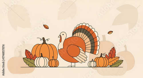 Simple Line Turkey and Pumpkin Autumn Season Element Illustration