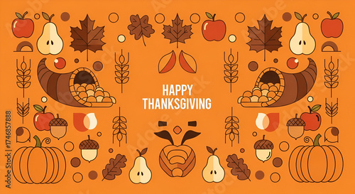 Simple Line Art Happy Thanksgiving Ornament Fruit and Cornucopia Celebration Pattern