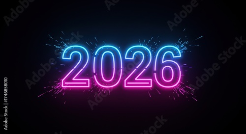 Neon 2026 Number Glowing With Pink And Blue Lights On Black Background.