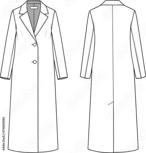 Long overcoat flat sketch, front and back view, tailored men’s coat design, fashion apparel illustration, garment construction technical drawing template