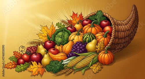 Detailed Handdrawn Thanksgiving Cornucopia With Autumnal Harvest of Fruit and Vegetable