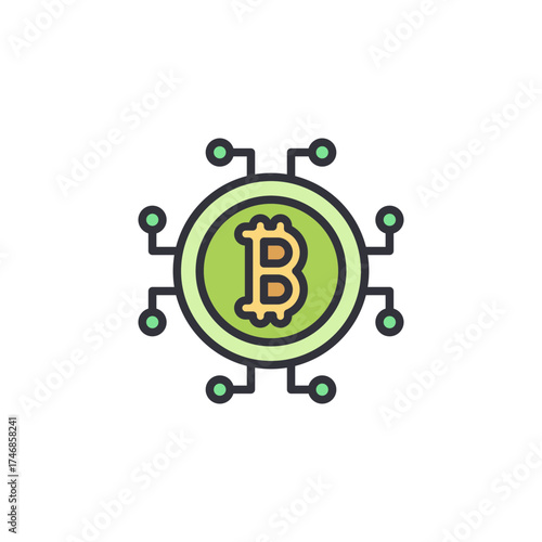 Bitcoin surrounded by digital links, representing decentralized finance systems, blockchain connection, and cryptocurrency network communication.