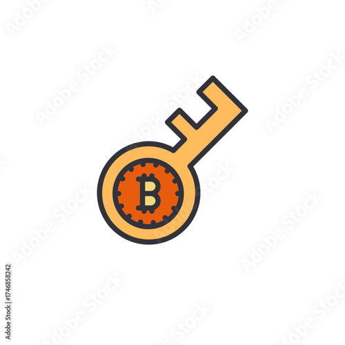 Golden key with Bitcoin sign, symbolizing crypto wallet access, digital security, encryption, and blockchain ownership authentication.