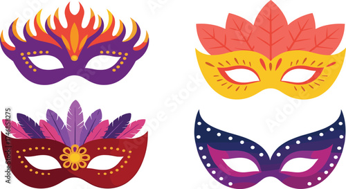 Masquerade masks flat illustration, colorful carnival party masks, ornate costume accessory design, festive celebration artwork, decorative fashion drawing