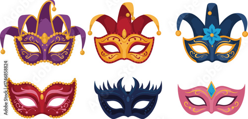 Masquerade masks flat illustration, jester carnival masks and ornate party masks, colorful costume accessory design, fashion celebration decorative drawing
